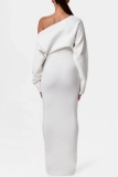 White Backless Oblique Collar Long Sleeve Casual Long Knitted Bodycon Maxi Sweater Dresses