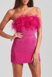 Rose Red Sequins Feathers Trim Backless Strapless Formal Evening Party Prom Bodycon Tube Mini Dresses
