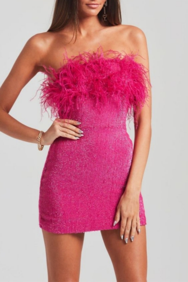 Rose Red Sequins Feathers Trim Backless Strapless Formal Evening Party Prom Bodycon Tube Mini Dresses