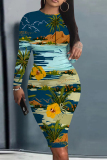 Purple Floral Print O Neck Long Sleeve Casual Outing Bodycon Midi Dresses