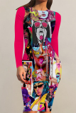 Dark Brown African Cartoon Print O Neck Long Sleeve Casual Outing Bodycon Mini Dresses