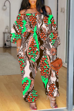 Green Casual Floral Print Off Shoulder Long Sleeve Vacation Loose Harem Jumpsuit