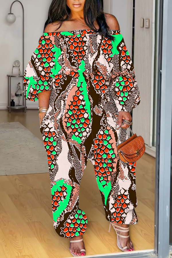 Green Casual Floral Print Off Shoulder Long Sleeve Vacation Loose Harem Jumpsuit