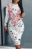 White Green Leaves Chain Print O Neck Long Sleeve Casual Outing Bodycon Midi Dresses