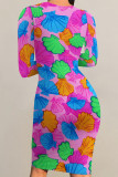 Purple Floral Print O Neck Long Sleeve Casual Outing Bodycon Midi Dresses