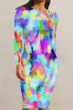 Gradient Tie Dye Floral Print O Neck Long Sleeve Casual Outing Bodycon Midi Dresses