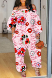 Green Casual Floral Print Off Shoulder Long Sleeve Vacation Loose Harem Jumpsuit