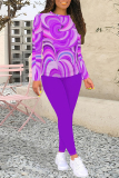 Yellow Geometric Print O Neck Long Sleeve Sweatshirt And Skinny Pants Casual Sportwear Two Pieces Sweatpant Sets