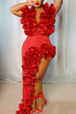 Red Backless Sleeveless Deep V Neck Ruffle Trim Throughout Tops And Irregular Maxi Skirt Beach Vacation Two Pieces Dress Sets