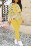 Yellow Geometric Print O Neck Long Sleeve Sweatshirt And Skinny Pants Casual Sportwear Two Pieces Sweatpant Sets