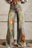 Multicolor Graphics Print Mid Waist Casual Distressed Wide Leg Denim Jeans