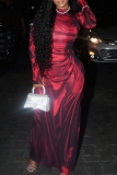 Red Black O Neck Long Sleeve Side Slit Formal Evening Party Prom Maxi Dresses