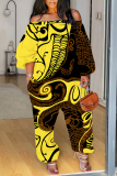 Multicolor Casual Graphics Print Off Shoulder Long Sleeve Vacation Loose Harem Jumpsuit