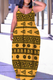 Yellow Sleeveless Backless Spaghetti Strap Floor Length Casual Outing Plus Size Straight Loose Maxi Slip Dress