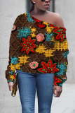 Brown Casual Graphics Print Oblique Collar Long Sleeve Fall Winter Tops