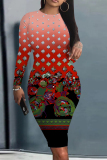 Gradient Tie Dye Floral Print O Neck Long Sleeve Casual Outing Bodycon Midi Dresses