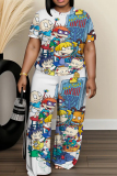 White Blue Graphics Print O Neck Short Sleeve Oversize T-shirt And Wide Leg Pants Casual Two Pieces Trouser Sets