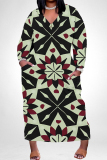 Snakeskin Geometric Print V Neck Long Sleeve Casual Outing Plus Size Straight Loose Maxi Dress
