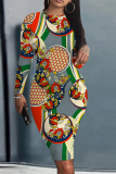 Gradient Tie Dye Floral Print O Neck Long Sleeve Casual Outing Bodycon Midi Dresses