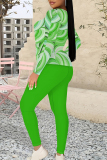 Yellow Geometric Print O Neck Long Sleeve Sweatshirt And Skinny Pants Casual Sportwear Two Pieces Sweatpant Sets