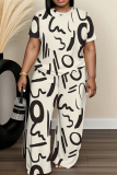 White Blue Graphics Print O Neck Short Sleeve Oversize T-shirt And Wide Leg Pants Casual Two Pieces Trouser Sets