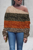 Brown Casual Graphics Print Oblique Collar Long Sleeve Fall Winter Tops