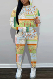 Light Green Floral Chain Print Long Sleeve Hooded Sweatshirt and Skinny Pant Casual Sportwear Two Piece Jogger Set