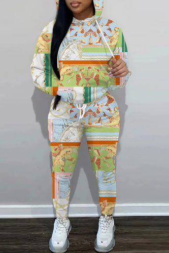 Light Green Floral Chain Print Long Sleeve Hooded Sweatshirt and Skinny Pant Casual Sportwear Two Piece Jogger Set