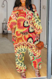 Multicolor Casual Graphics Print Off Shoulder Long Sleeve Vacation Loose Harem Jumpsuit