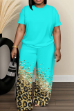 White Blue Graphics Print O Neck Short Sleeve Oversize T-shirt And Wide Leg Pants Casual Two Pieces Trouser Sets