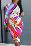 Gradient Tie Dye Floral Print O Neck Long Sleeve Casual Outing Bodycon Midi Dresses