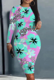 Purple Floral Print O Neck Long Sleeve Casual Outing Bodycon Midi Dresses