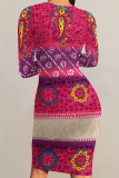 Gradient Tie Dye Floral Print O Neck Long Sleeve Casual Outing Bodycon Midi Dresses