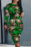 Purple Floral Print O Neck Long Sleeve Casual Outing Bodycon Midi Dresses