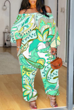 Multicolor Casual Graphics Print Off Shoulder Long Sleeve Vacation Loose Harem Jumpsuit