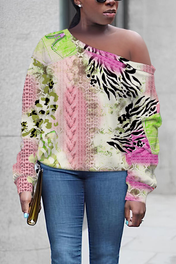 Brown Casual Graphics Print Oblique Collar Long Sleeve Fall Winter Tops