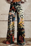 Multicolor Graphics Print Mid Waist Casual Distressed Wide Leg Denim Jeans