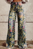 Multicolor Graphics Print Mid Waist Casual Distressed Wide Leg Denim Jeans