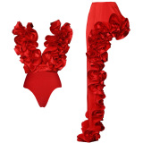 Red Backless Sleeveless Deep V Neck Ruffle Trim Throughout Tops And Irregular Maxi Skirt Beach Vacation Two Pieces Dress Sets