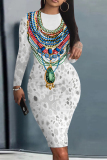 White Green Leaves Chain Print O Neck Long Sleeve Casual Outing Bodycon Midi Dresses