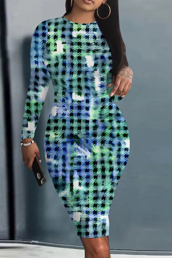 Gradient Tie Dye Floral Print O Neck Long Sleeve Casual Outing Bodycon Midi Dresses