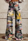 Multicolor Graphics Print Mid Waist Casual Distressed Wide Leg Denim Jeans