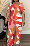 White Graphics Print O Neck Short Sleeve Oversize T-shirt And Wide Leg Pants Casual Two Pieces Trouser Sets