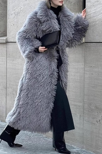 Grey Casual Long Sleeve Long Cardigan Faux Fur Coat