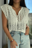 Off White Hook Flower Hollow Out V Neck Casual Corchet Vest Tops