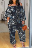 Multicolor Casual Graphics Print Off Shoulder Long Sleeve Vacation Loose Harem Jumpsuit