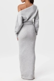 White Backless Oblique Collar Long Sleeve Casual Long Knitted Bodycon Maxi Sweater Dresses