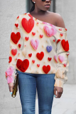 Brown Casual Graphics Print Oblique Collar Long Sleeve Fall Winter Tops