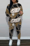 Light Green Floral Chain Print Long Sleeve Hooded Sweatshirt and Skinny Pant Casual Sportwear Two Piece Jogger Set