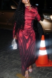 Red Black O Neck Long Sleeve Side Slit Formal Evening Party Prom Maxi Dresses